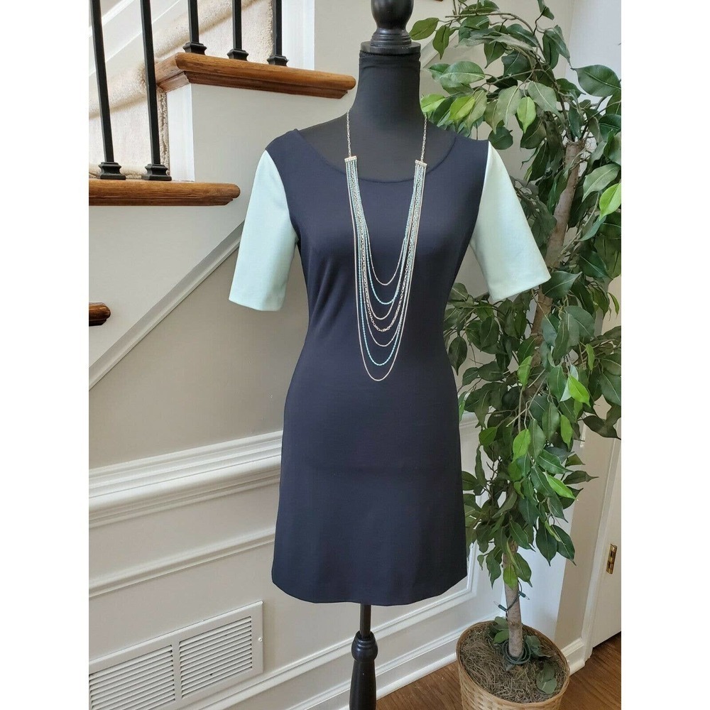 Club Monaco Women's Solid Blue Polyester 3/4 Sleeve Scoop Neck Knee Length Dress